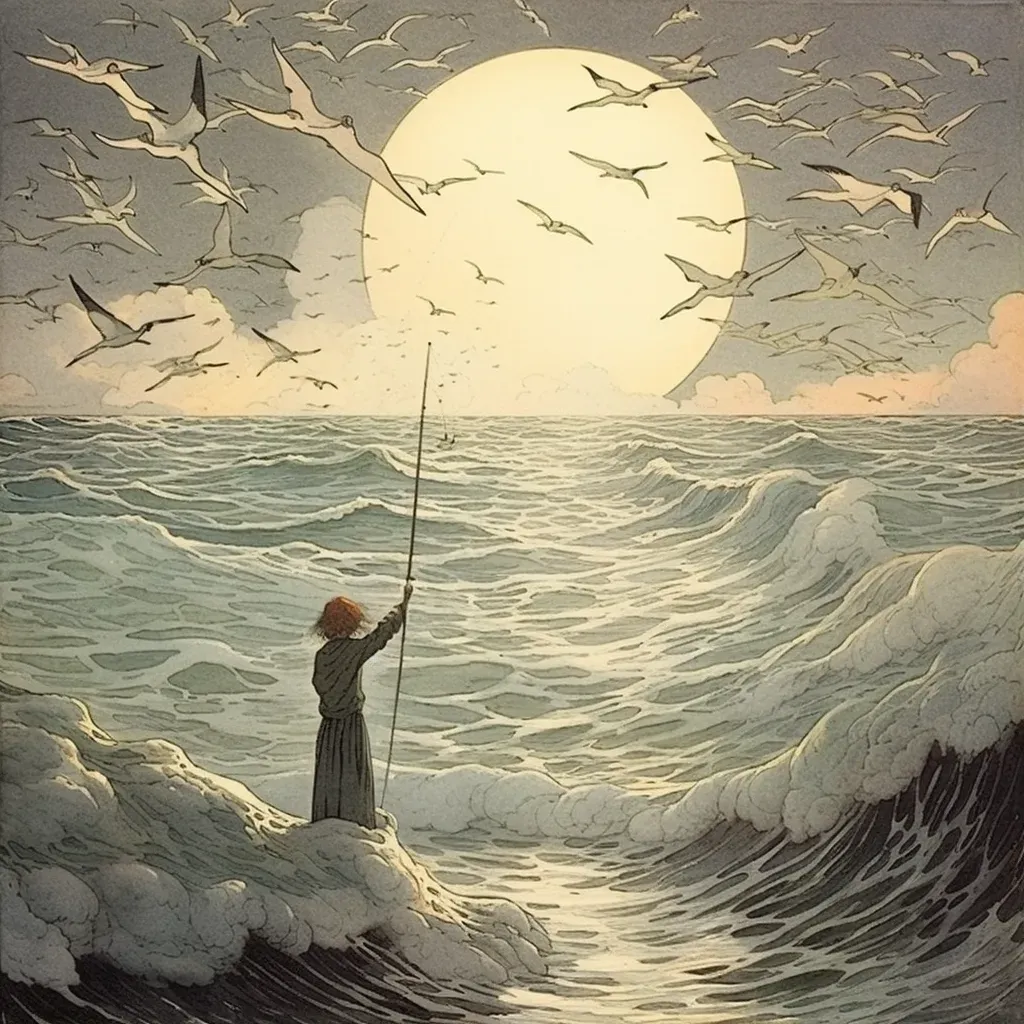 Fisherman catching giant glittering fish with seagulls watching - Image 1