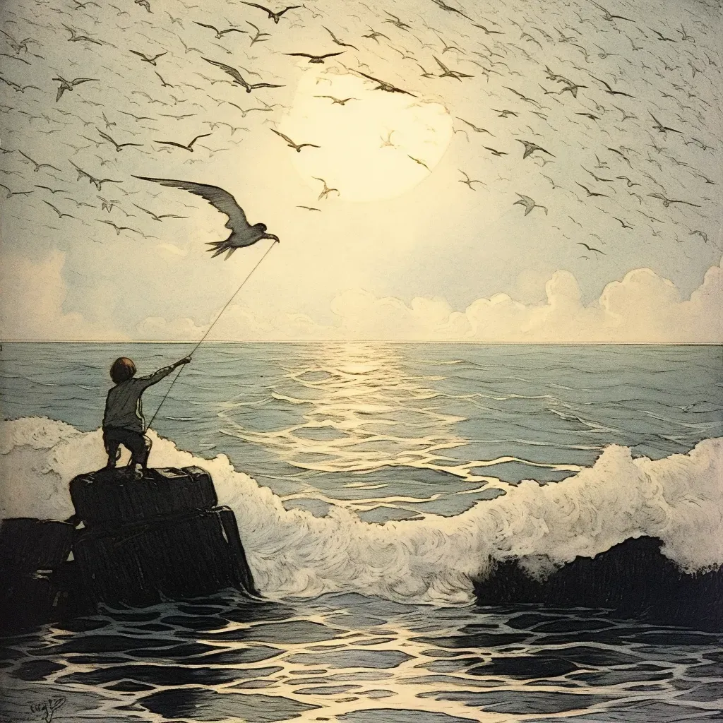 Fisherman catching giant glittering fish with seagulls watching - Image 2