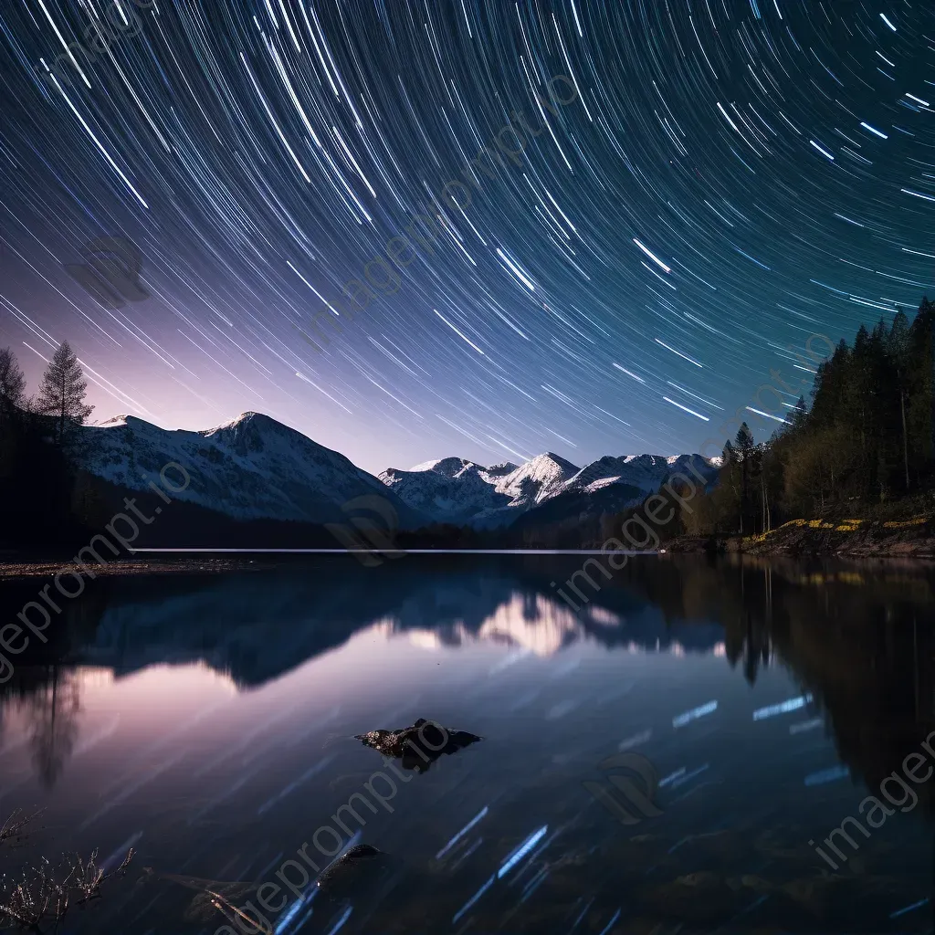 Starry night sky with swirling star trails above a tranquil lake and mountains - Image 1