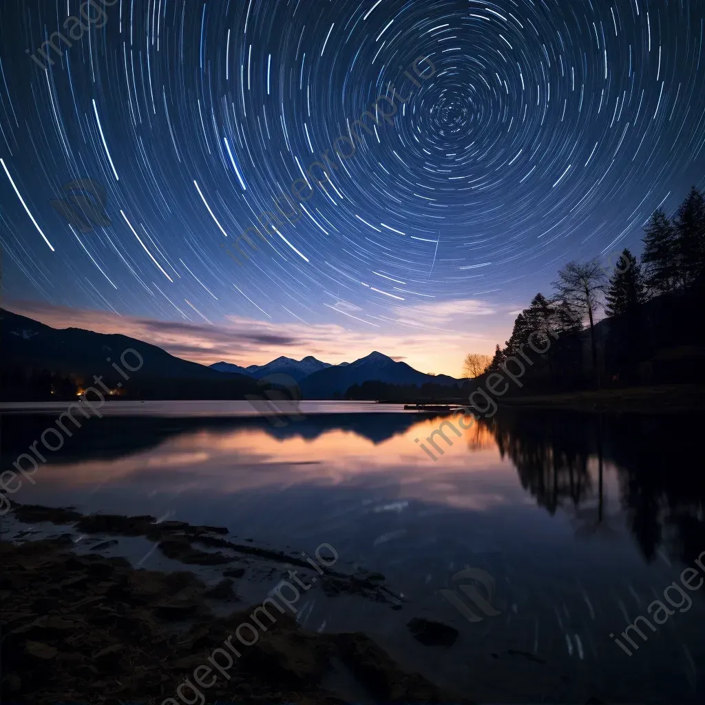 Starry night sky with swirling star trails above a tranquil lake and mountains - Image 2