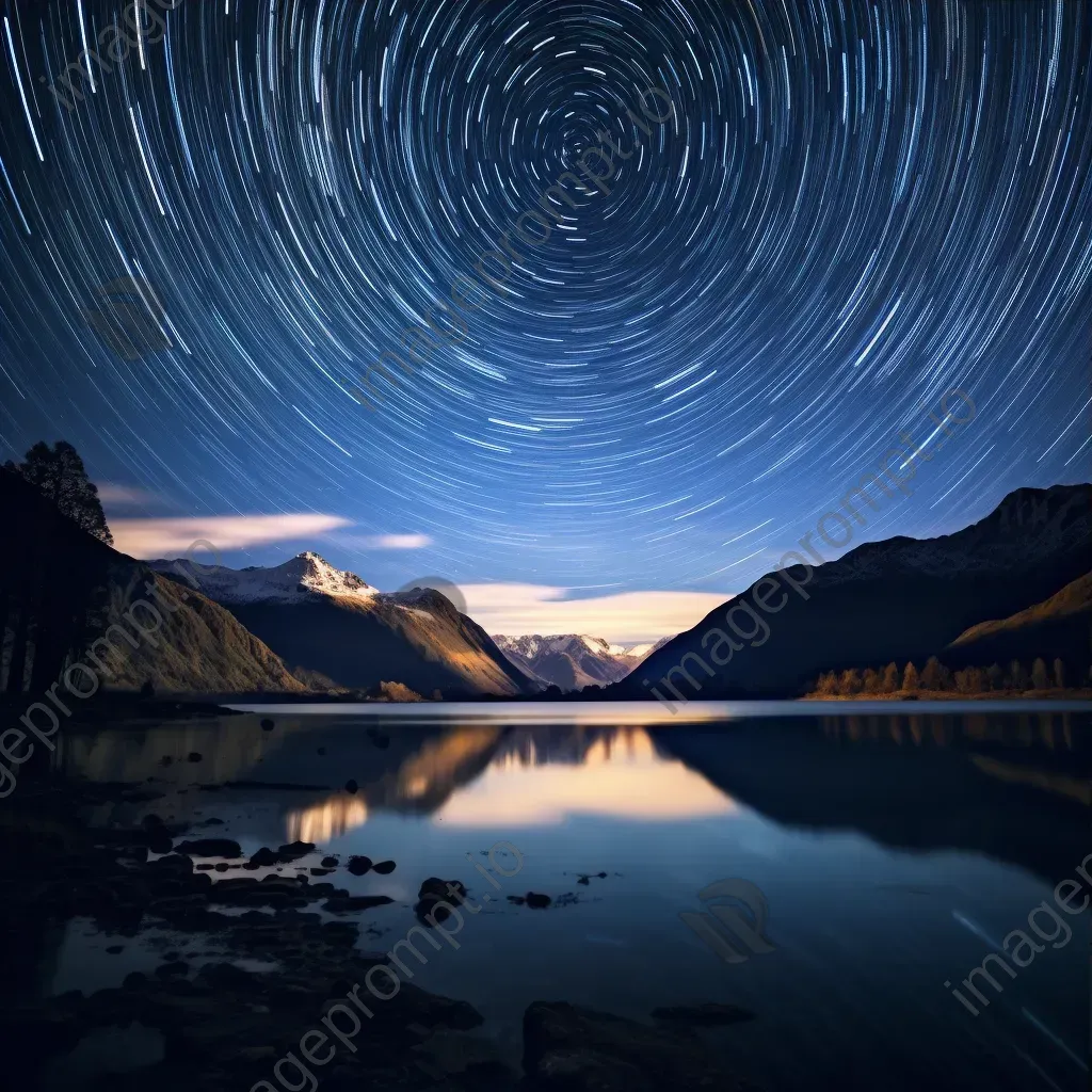 Starry night sky with swirling star trails above a tranquil lake and mountains - Image 3