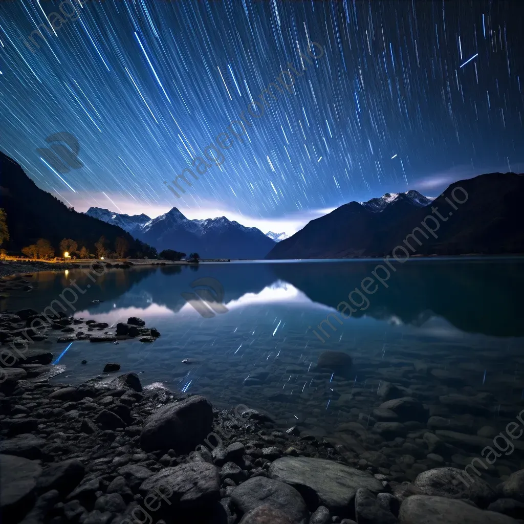 Starry night sky with swirling star trails above a tranquil lake and mountains - Image 4