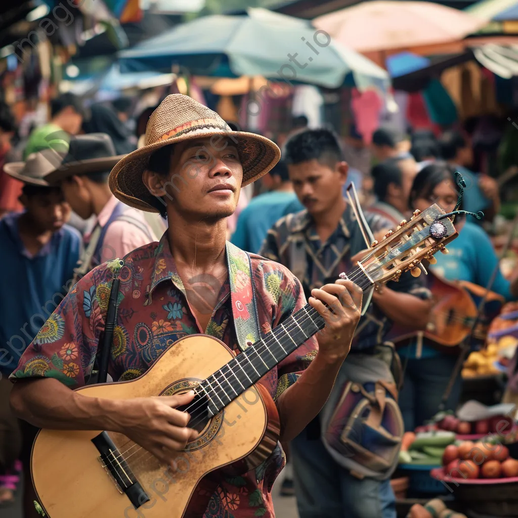 Lively street musicians performing in a crowded market with colorful stalls and happy shoppers. - Image 2