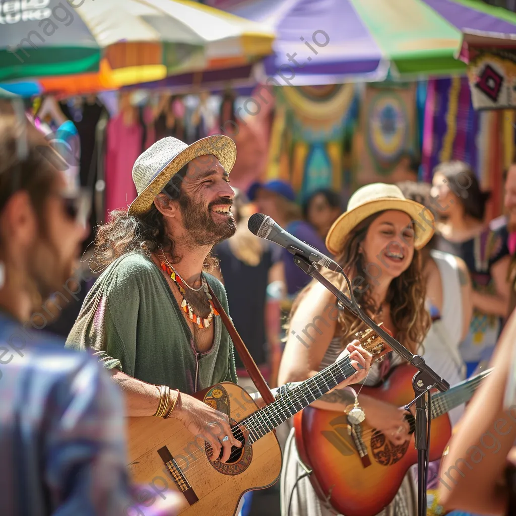 Lively street musicians performing in a crowded market with colorful stalls and happy shoppers. - Image 3