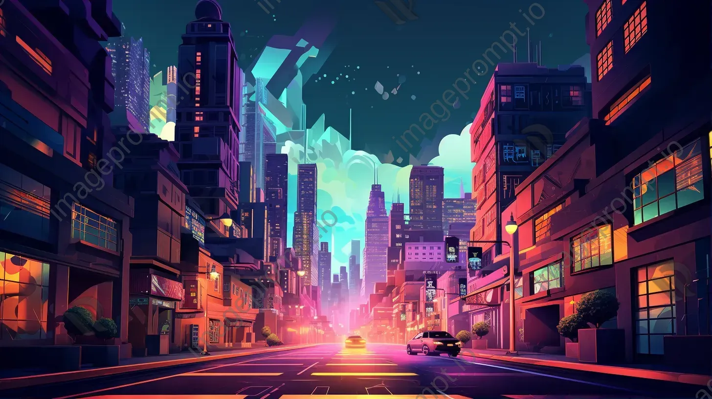 Bright neon low poly cityscape at night - Image 1