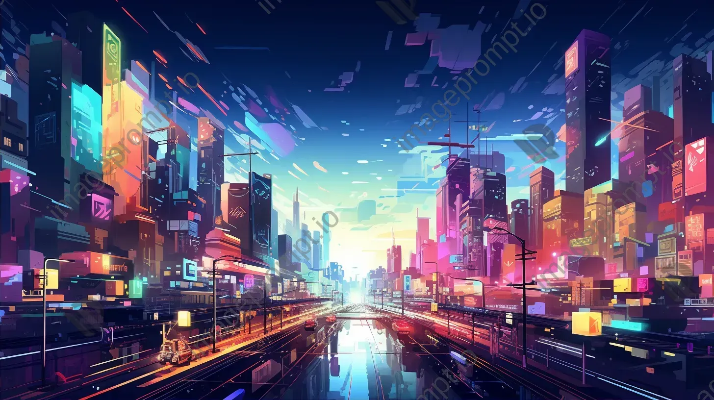 Bright neon low poly cityscape at night - Image 2