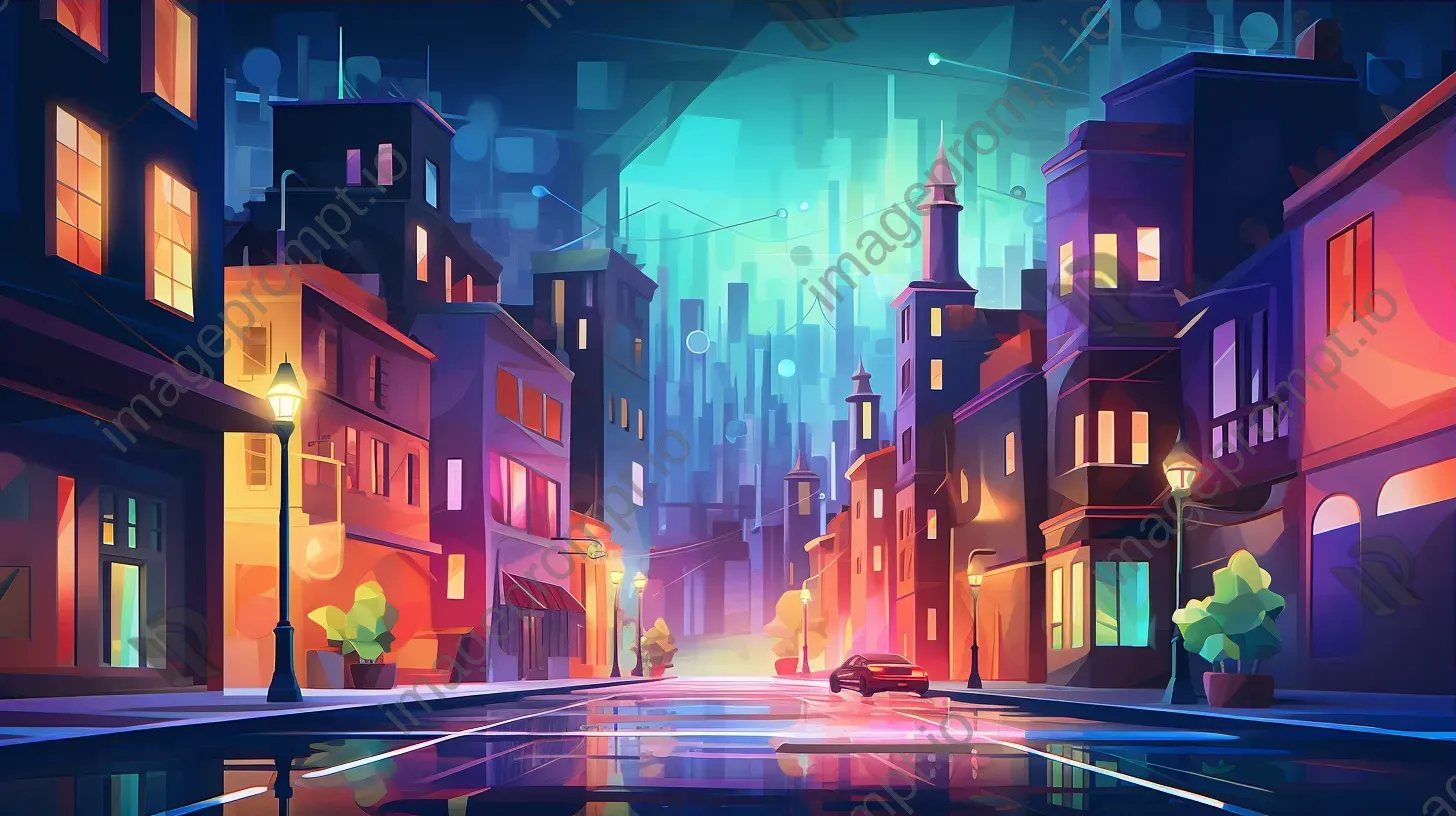 Bright neon low poly cityscape at night - Image 3