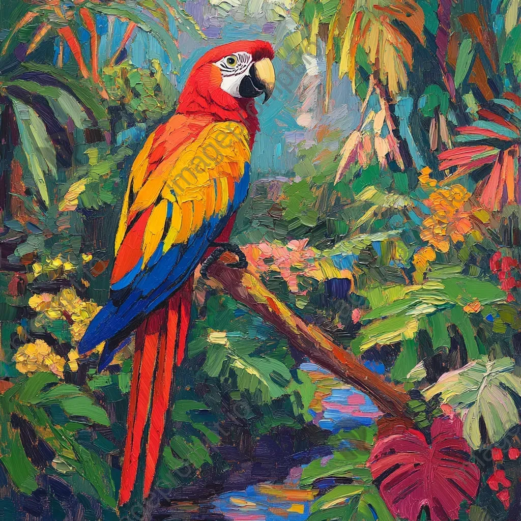 Vivid oil painting of a jungle from a parrot