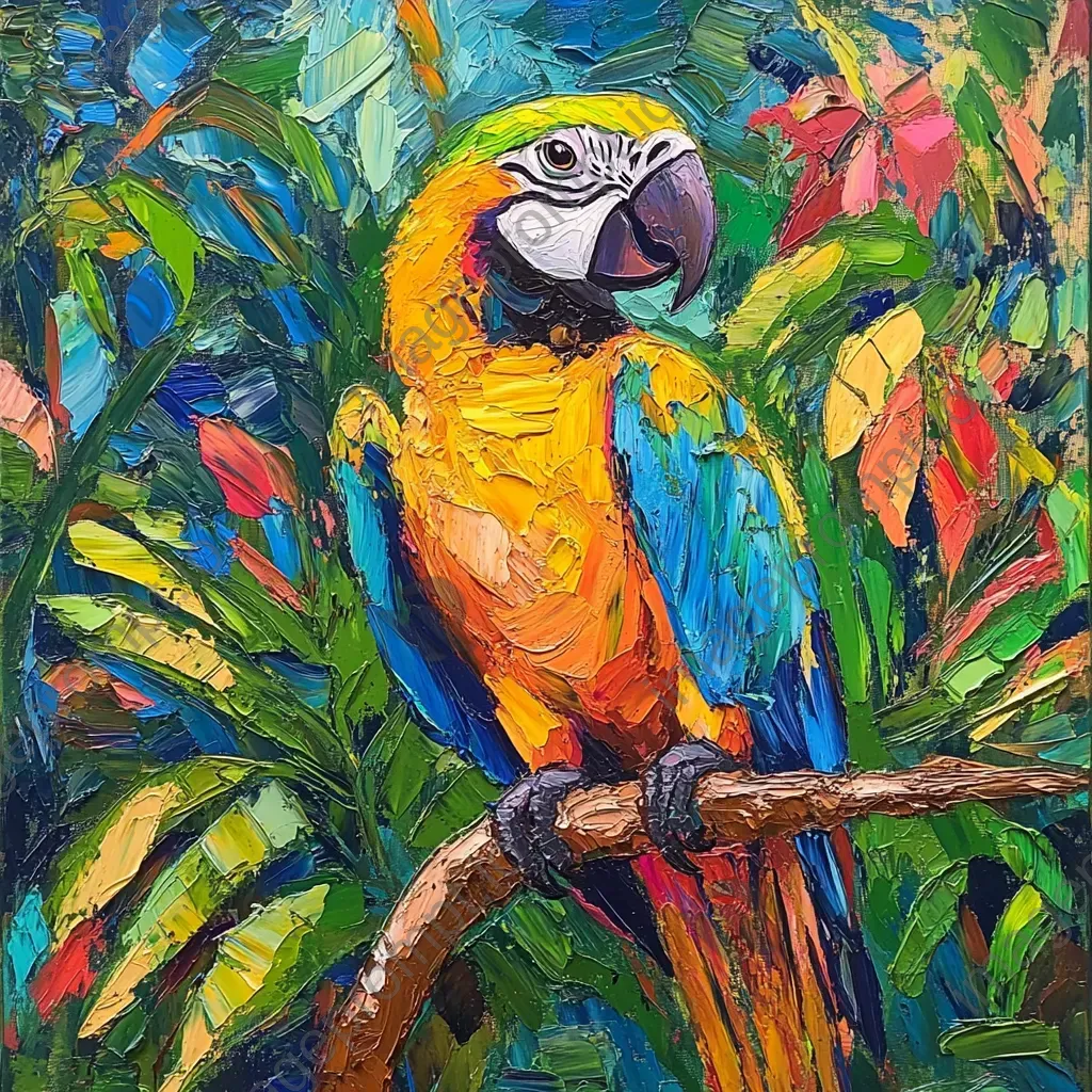 Vivid oil painting of a jungle from a parrot