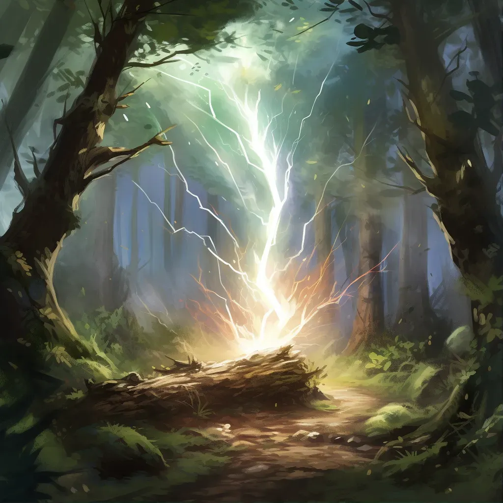 Illustration of a lightning strike in a forest with a tree split in half by a bright bolt. - Image 1