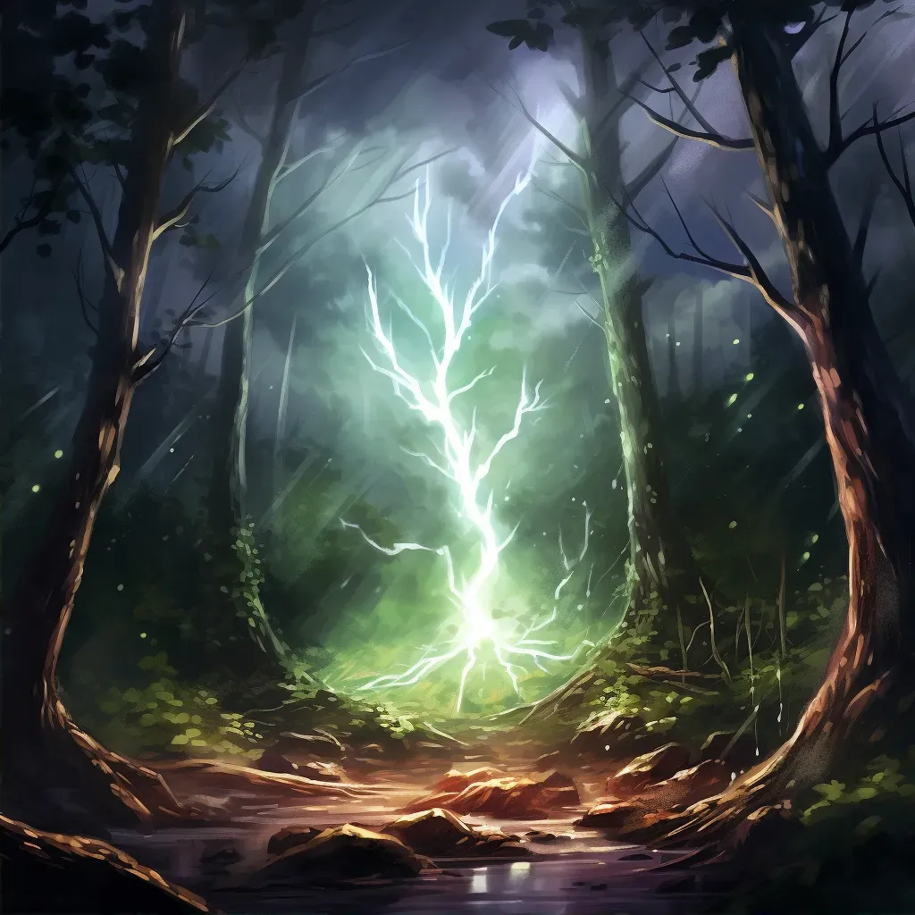 Illustration of a lightning strike in a forest with a tree split in half by a bright bolt. - Image 2