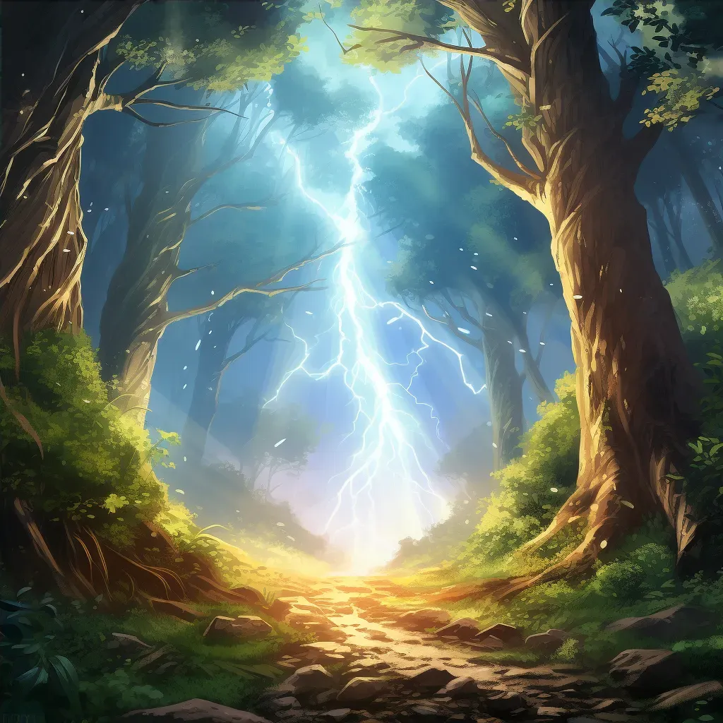 Illustration of a lightning strike in a forest with a tree split in half by a bright bolt. - Image 4