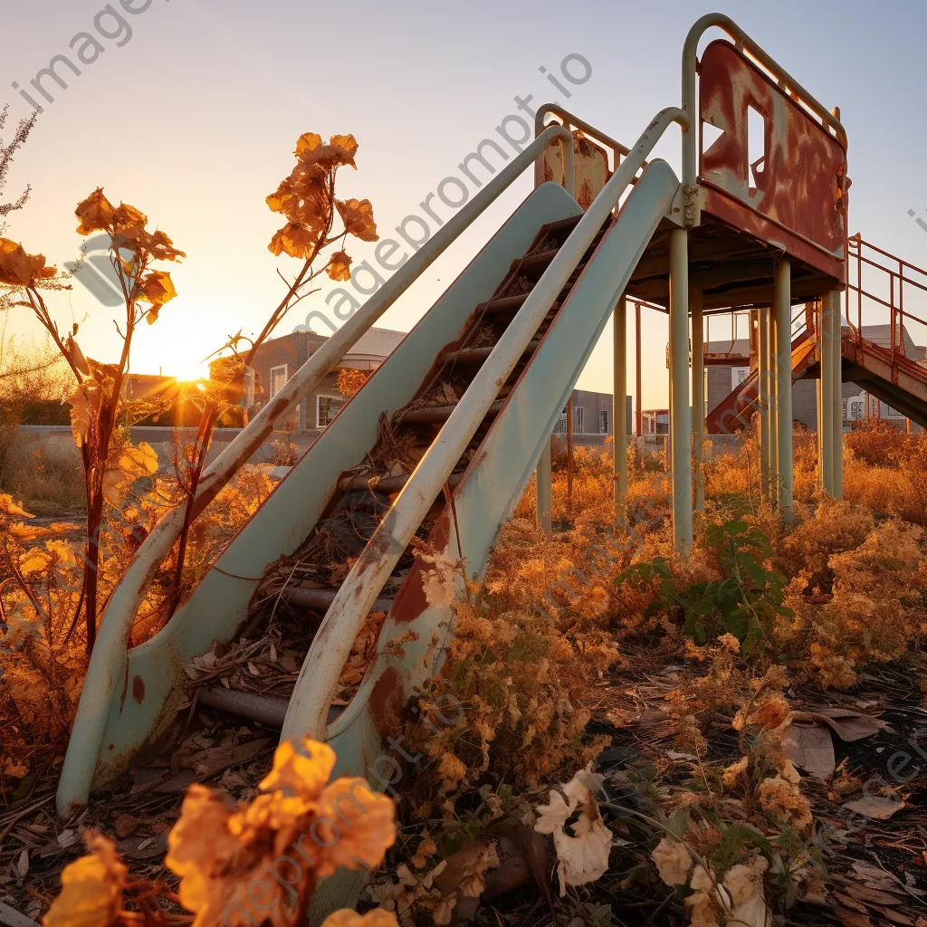 Abandoned school playground with rusty slides and overgrown weeds at sunset - Image 1