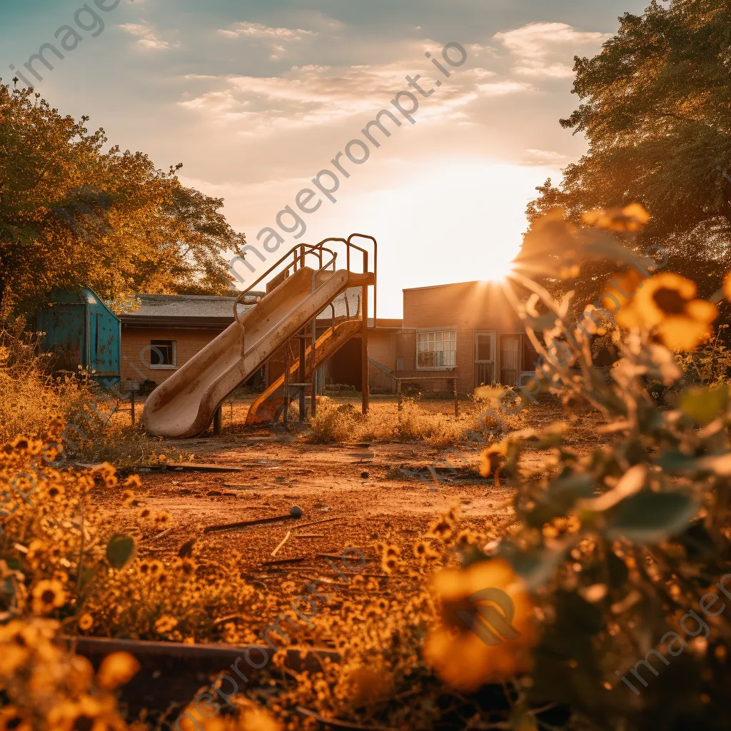 Abandoned school playground with rusty slides and overgrown weeds at sunset - Image 2