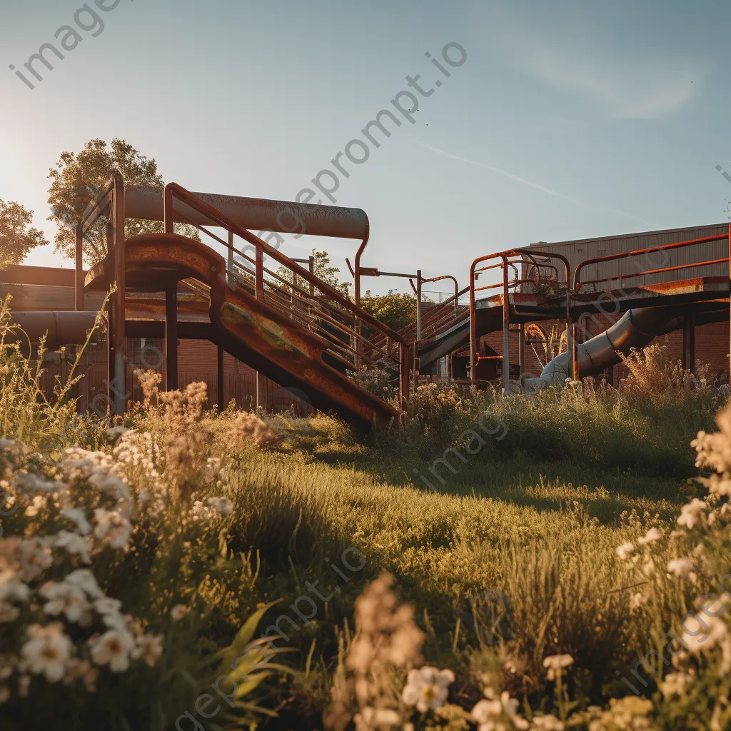 Abandoned school playground with rusty slides and overgrown weeds at sunset - Image 3