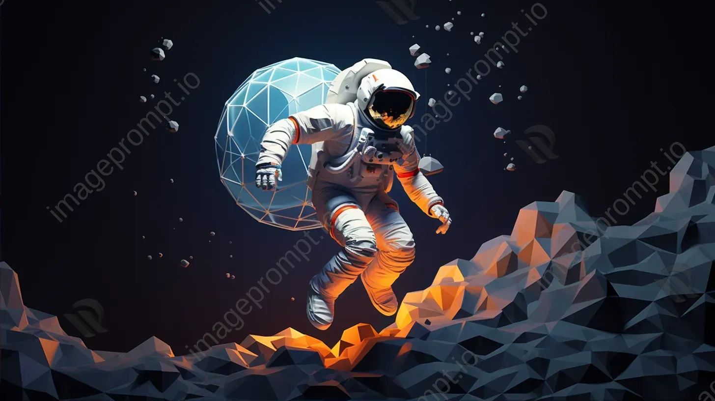 Low poly astronaut floating against a luminescent moon in modernist style - Image 2