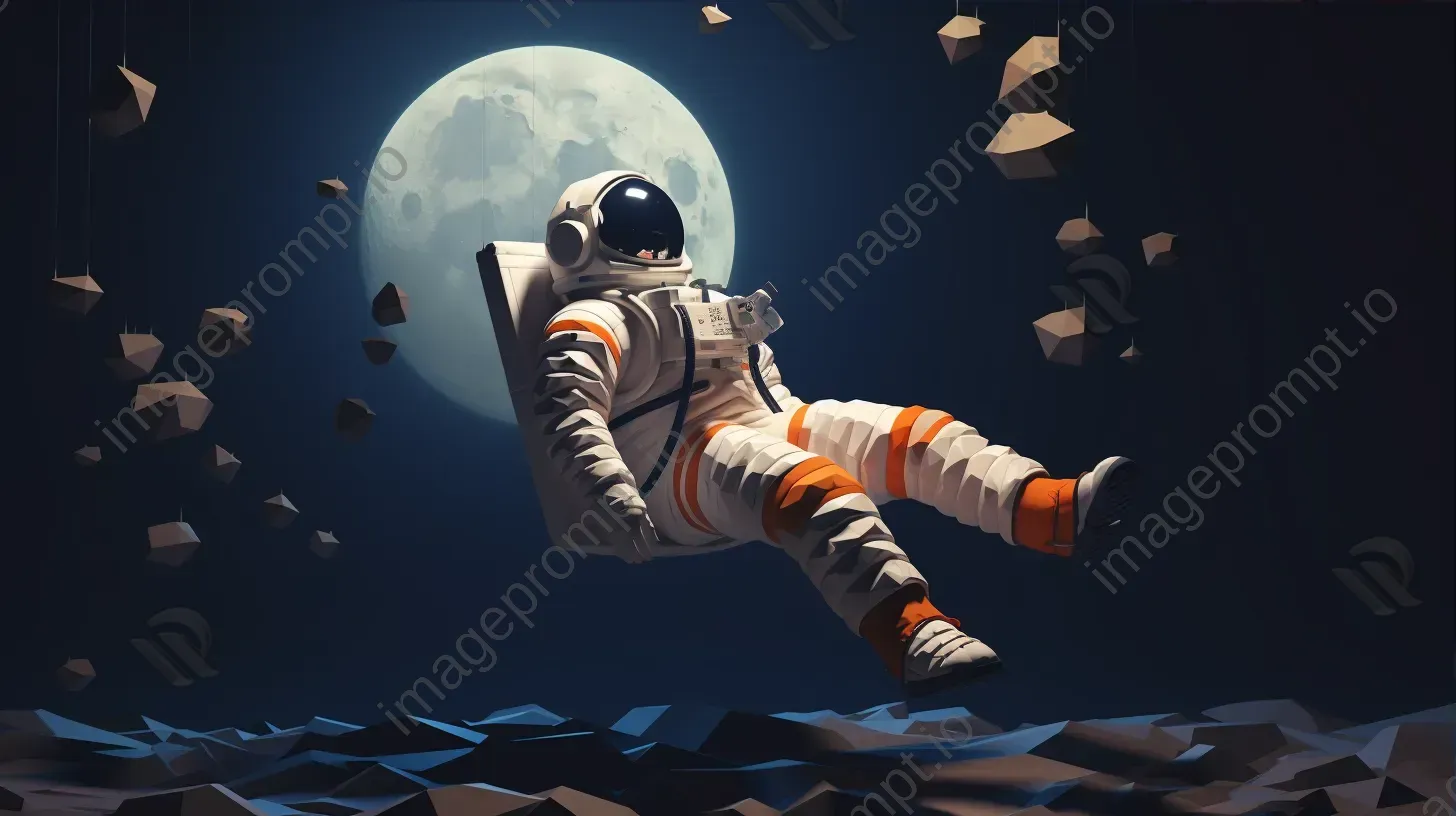 Low poly astronaut floating against a luminescent moon in modernist style - Image 3