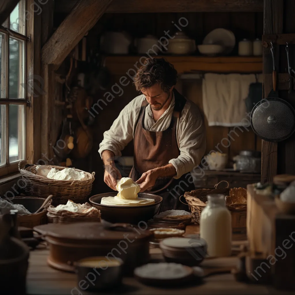 Artisan churning butter in a rustic kitchen with traditional tools and fresh ingredients - Image 1