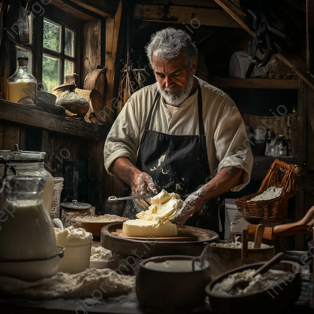 Artisan churning butter in a rustic kitchen with traditional tools and fresh ingredients - Image 3