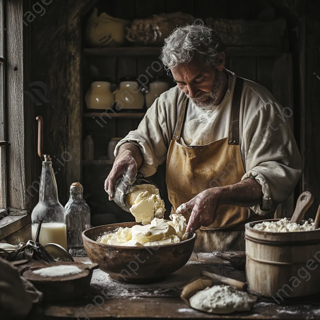 Artisan churning butter in a rustic kitchen with traditional tools and fresh ingredients - Image 4