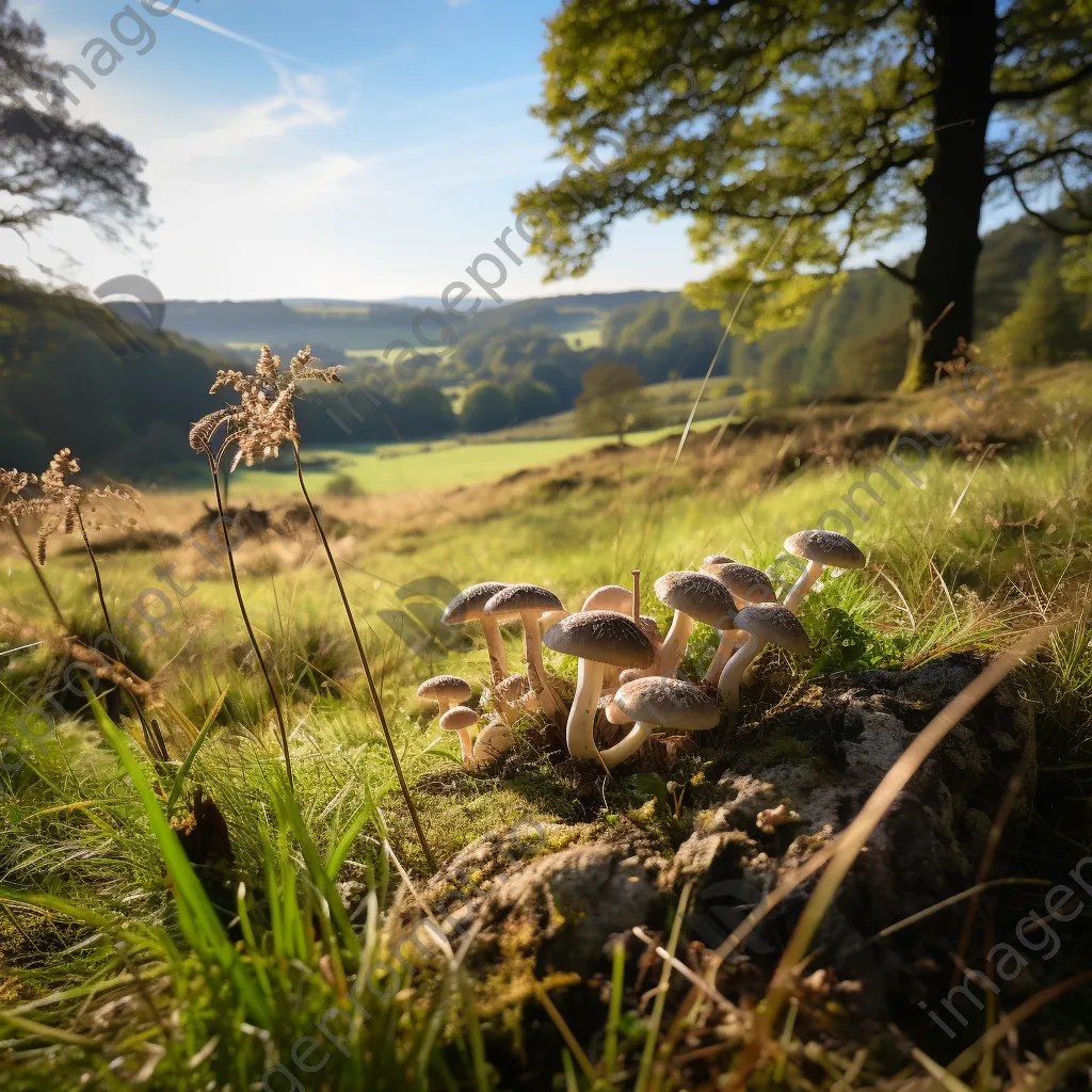 Woodland clearing with a view of hills and wild mushrooms. - Image 1