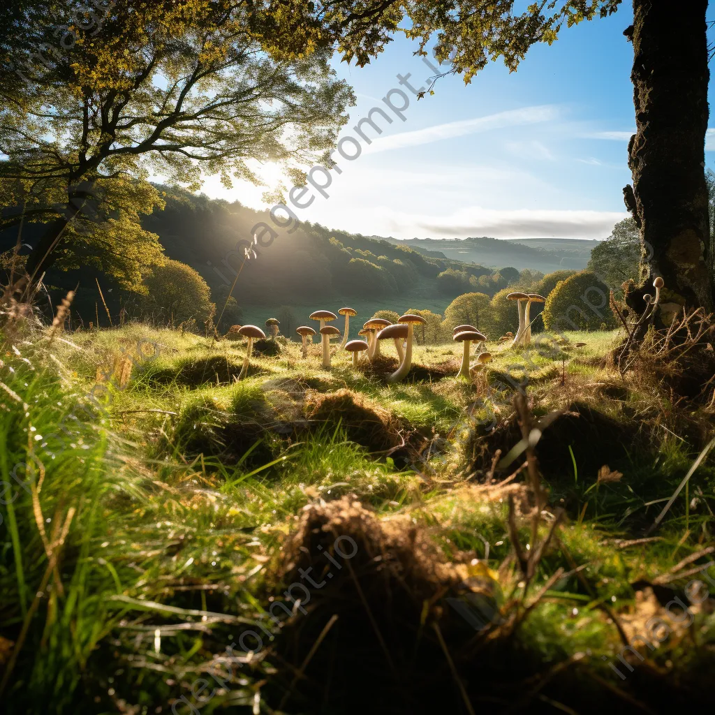 Woodland clearing with a view of hills and wild mushrooms. - Image 2