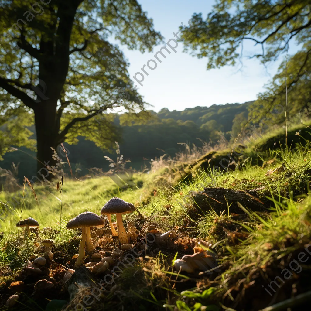 Woodland clearing with a view of hills and wild mushrooms. - Image 3