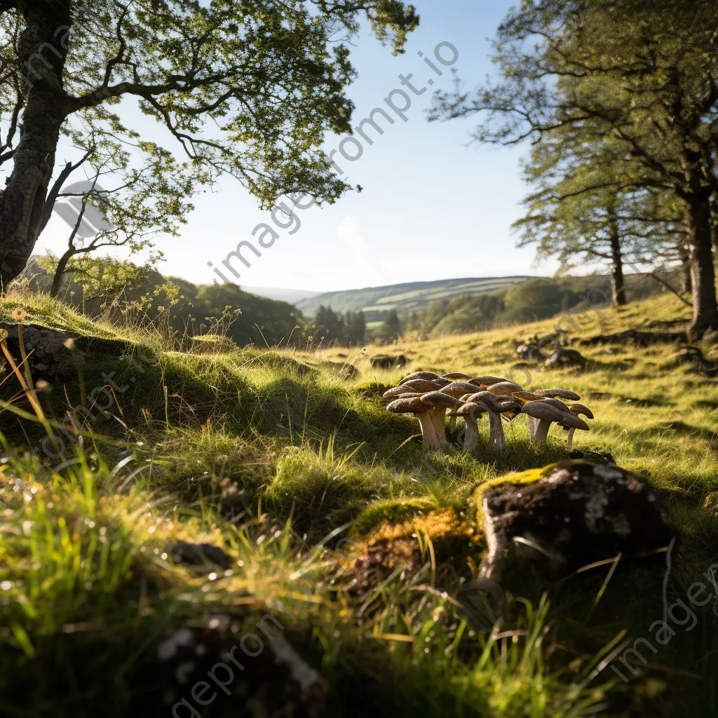 Woodland clearing with a view of hills and wild mushrooms. - Image 4