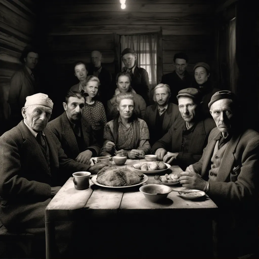 Multi-generational family enjoying meal in rustic dining room - Image 1