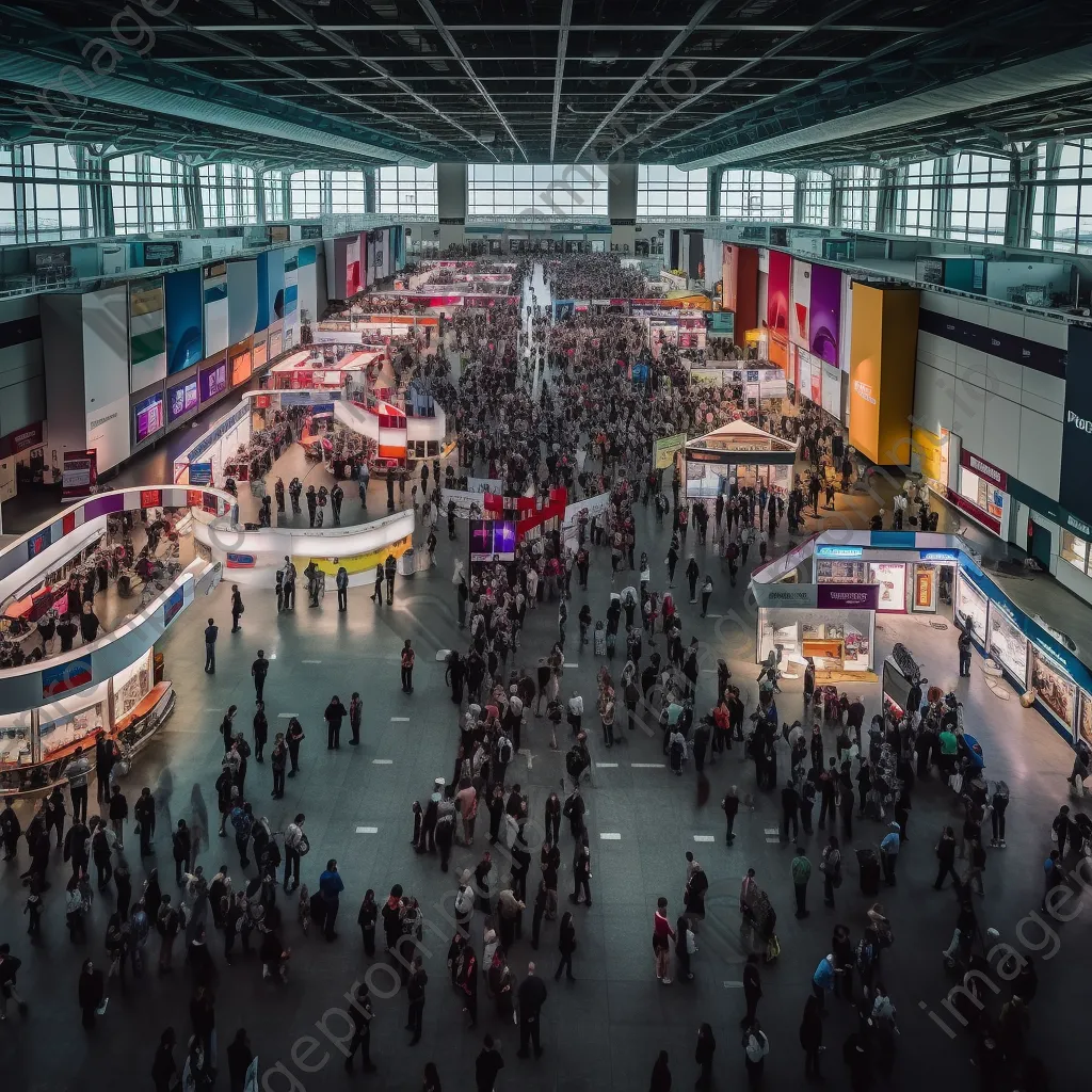 Panoramic view of an expo hall filled with booths and networking attendees - Image 1