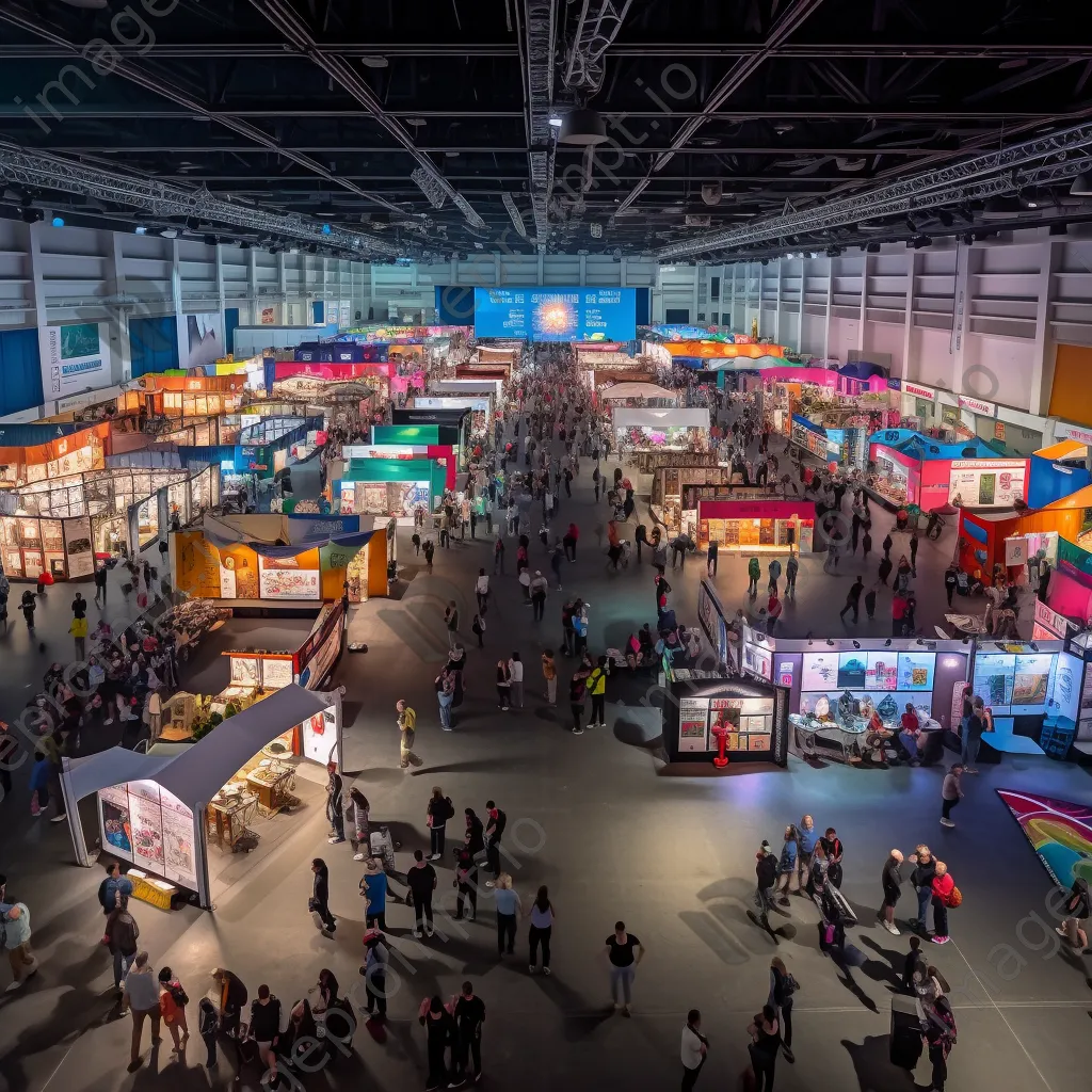 Panoramic view of an expo hall filled with booths and networking attendees - Image 2