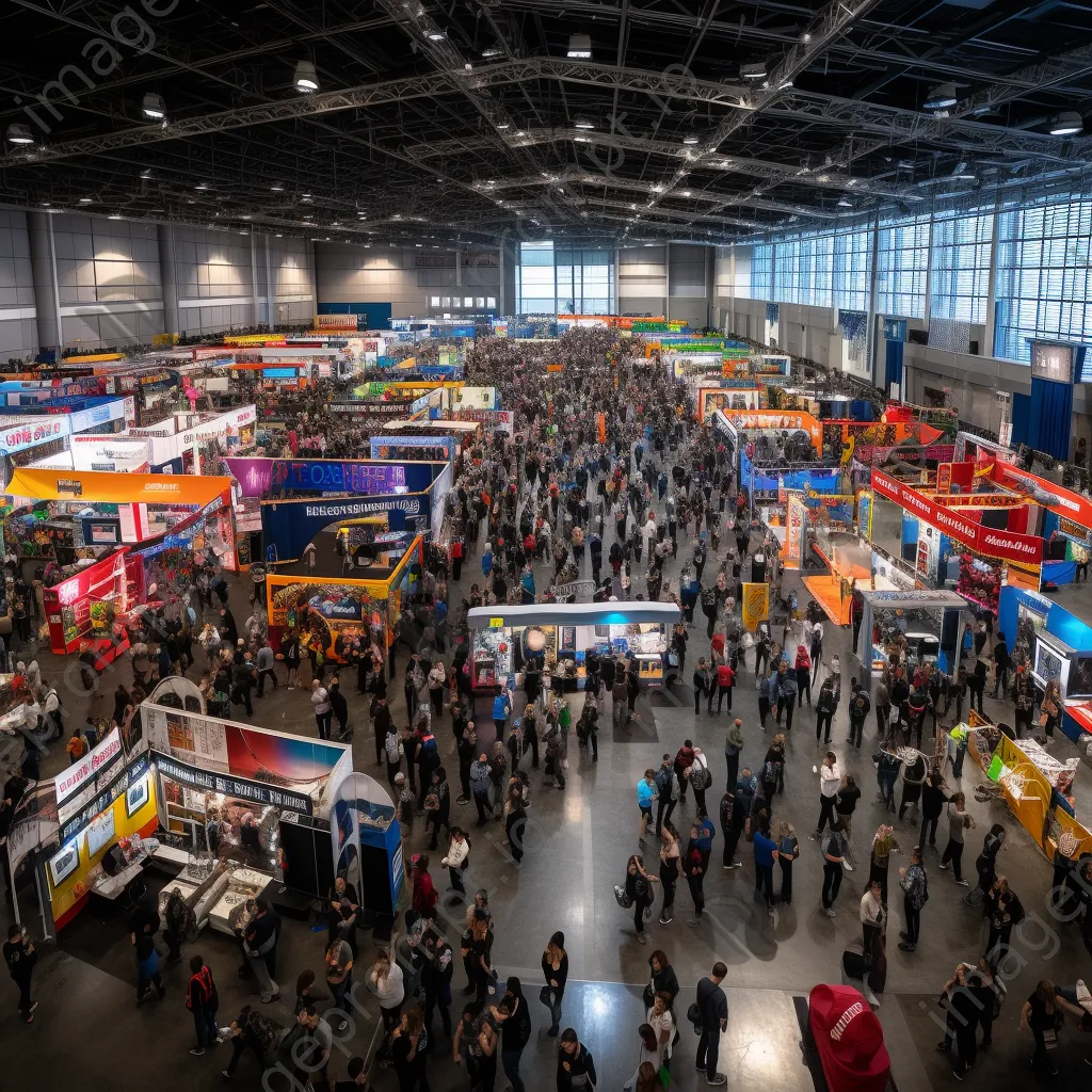 Panoramic view of an expo hall filled with booths and networking attendees - Image 4