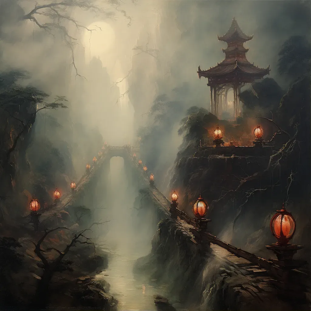 Misty bridge connecting living world to afterlife with ancient lanterns - Image 1