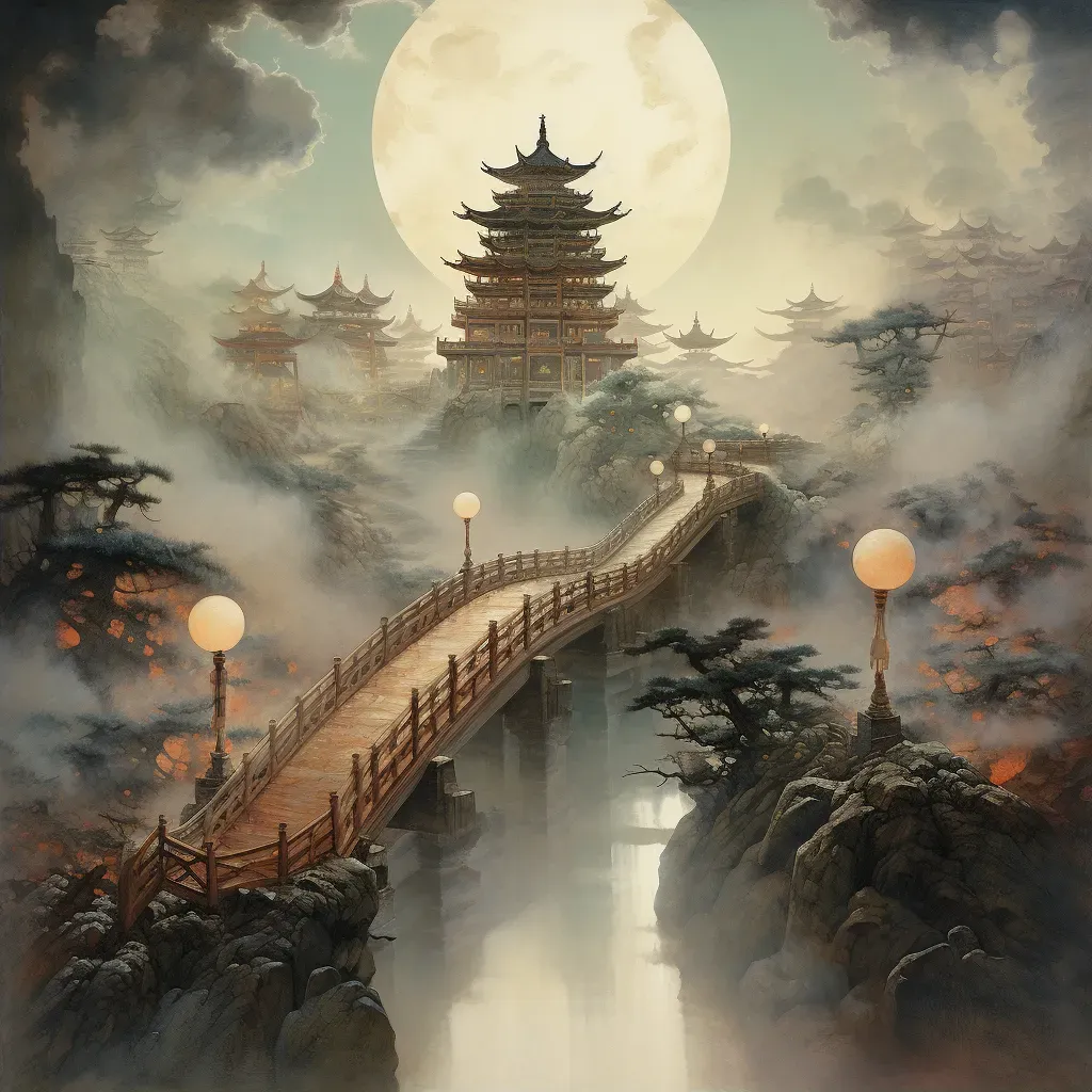 Misty bridge connecting living world to afterlife with ancient lanterns - Image 2