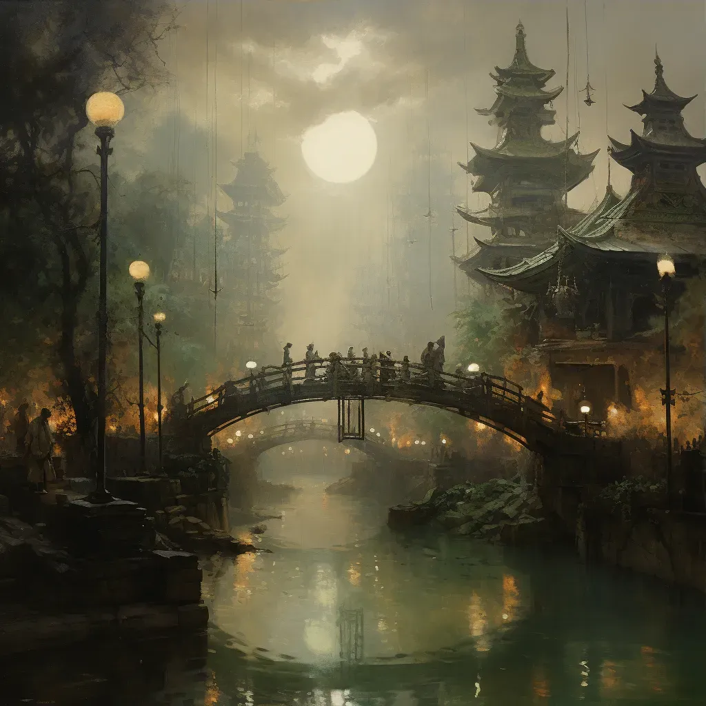 Misty bridge connecting living world to afterlife with ancient lanterns - Image 3