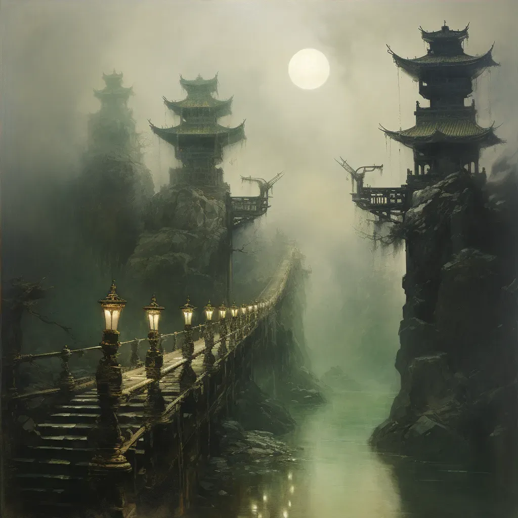 Misty bridge connecting living world to afterlife with ancient lanterns - Image 4