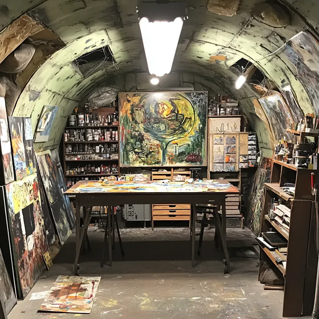 Graphic novel style artwork of nuclear fallout shelter repurposed as an art studio - Image 3