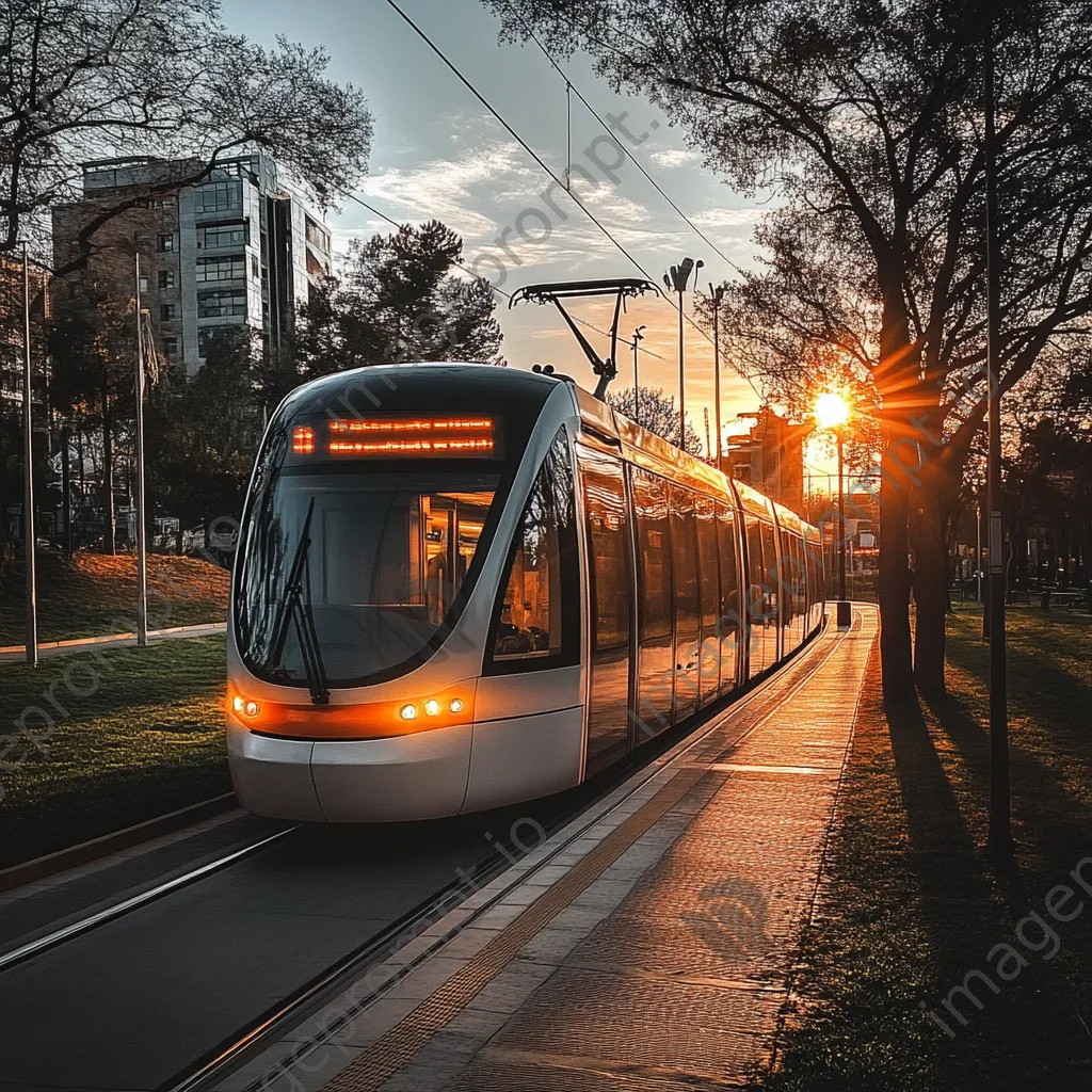 Modern light rail train in an urban landscape at sunset - Image 1