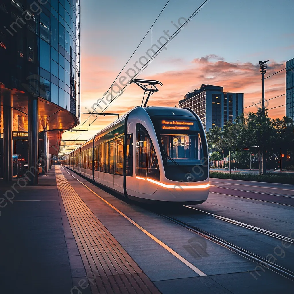 Modern light rail train in an urban landscape at sunset - Image 2