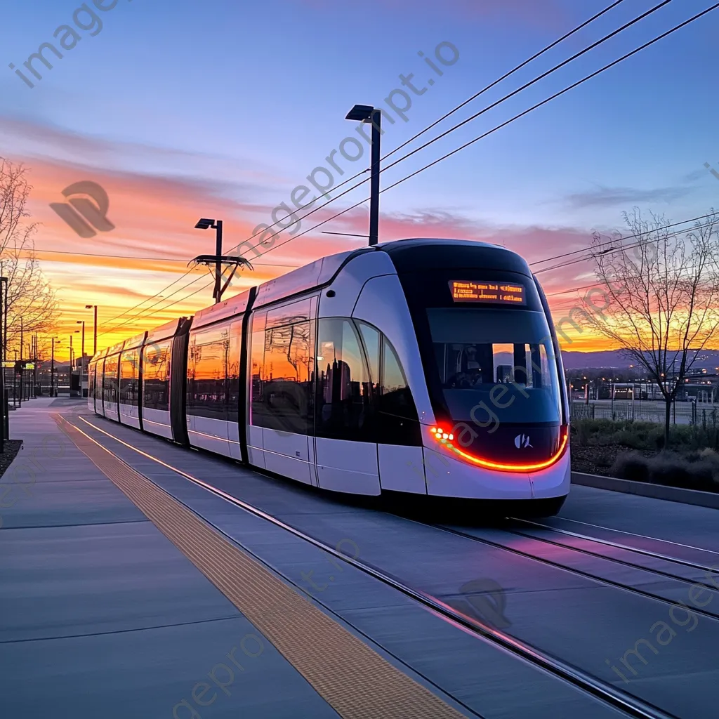 Modern light rail train in an urban landscape at sunset - Image 3