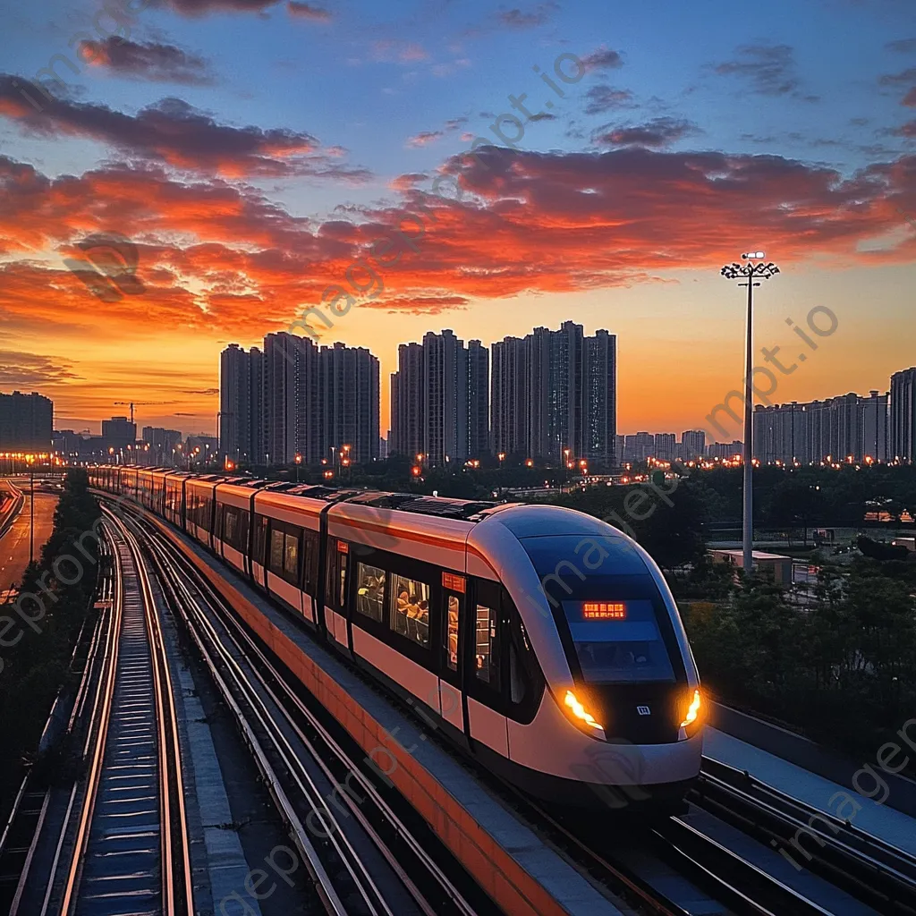 Modern light rail train in an urban landscape at sunset - Image 4