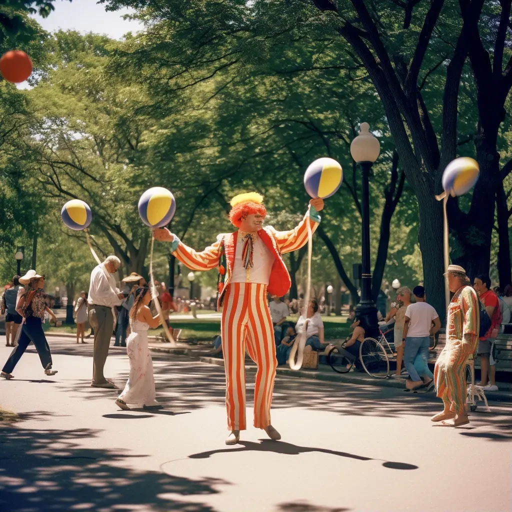 Circus performers juggling colorful props in city park - Image 1