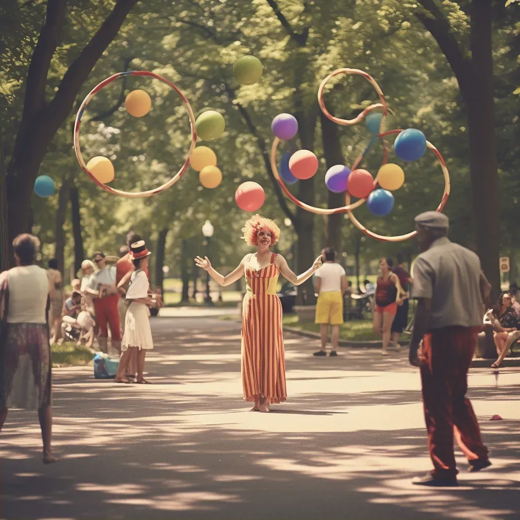 Circus performers juggling colorful props in city park - Image 2