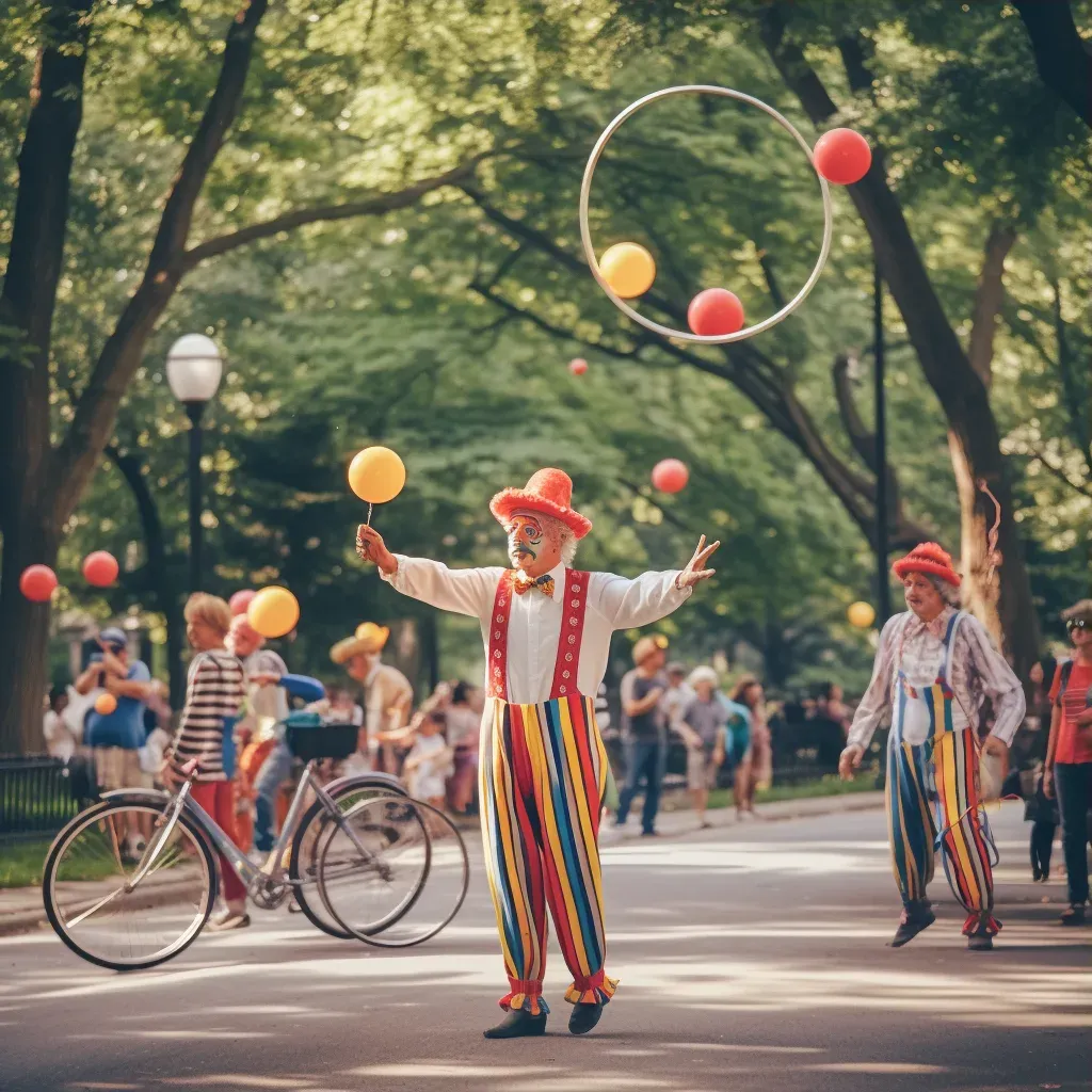 Circus performers juggling colorful props in city park - Image 3