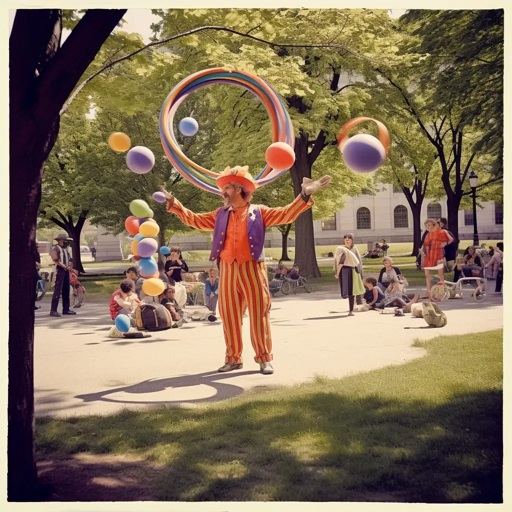 Circus performers juggling colorful props in city park - Image 4