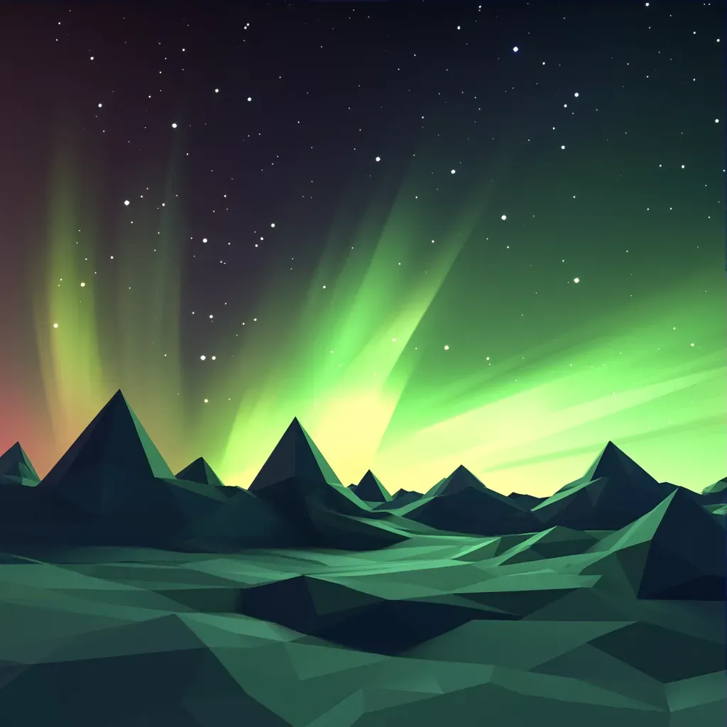 Neon-colored low poly aurora borealis with polygon stars - Image 3