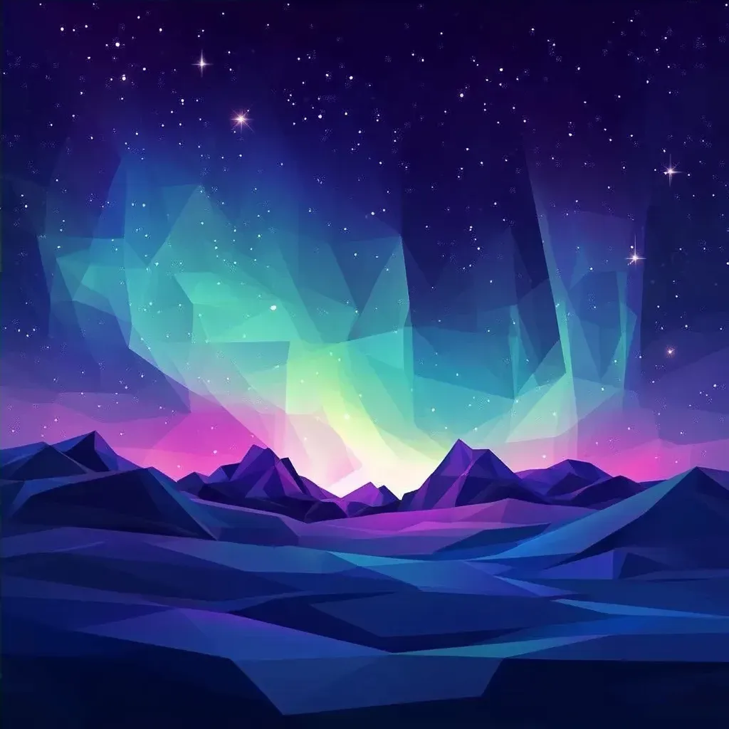 Neon-colored low poly aurora borealis with polygon stars - Image 4