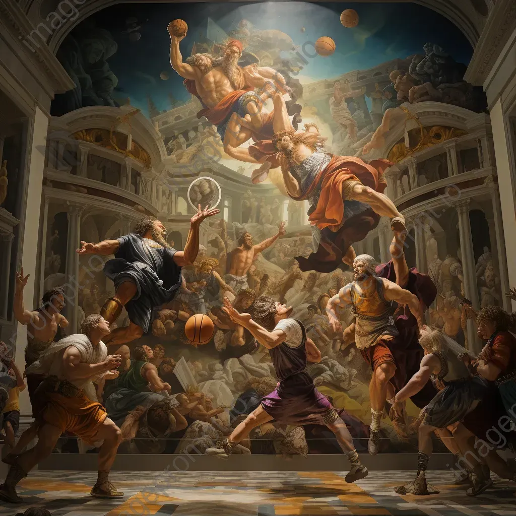 Basketball match depicted in a fresco-style mural - Image 1