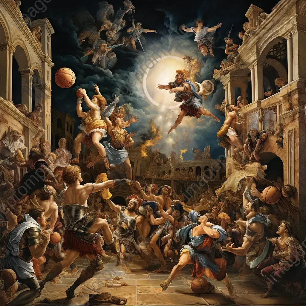 Basketball match depicted in a fresco-style mural - Image 2