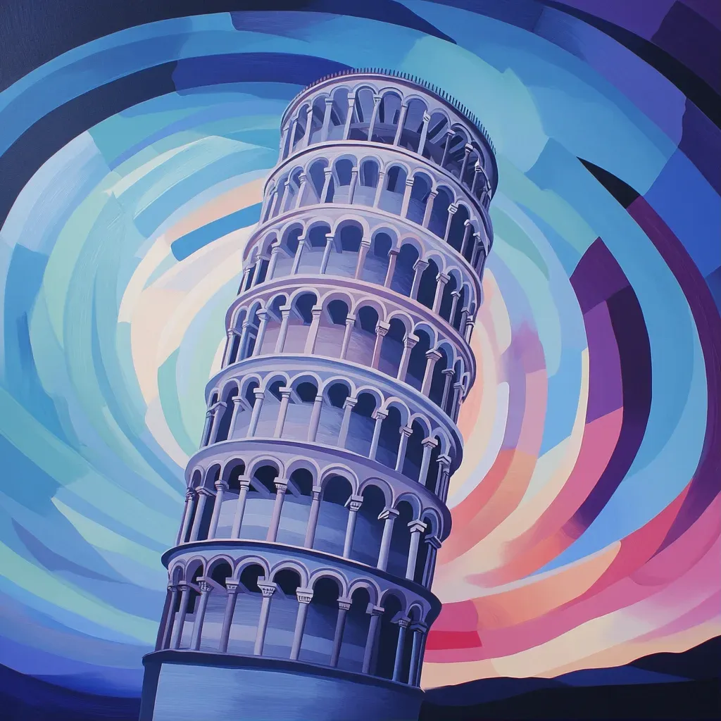 Leaning Tower of Pisa illustrated in Futurist style where dynamic shapes and lines evoke movement - Image 1